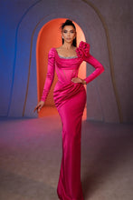Gorgeous Column Square Long Sleeve Rhinestone Satin Prom Dresses