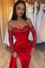 Gorgeous Long Red Mermaid Sweetheart Sequined Beading Long Sleeves Prom Dress with Slit