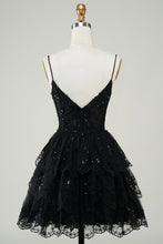 Cute Black A Line Sparkly Sequin Tiered Corset Short Homecoming Dress