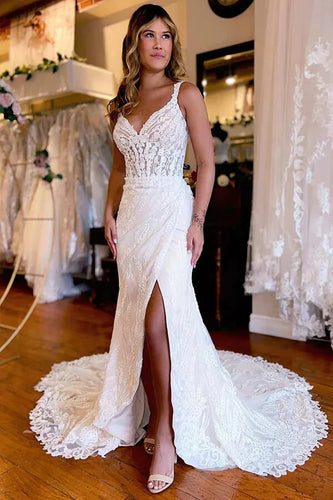 Mermaid Backless V-neck Lace Appliques Wedding Dresses