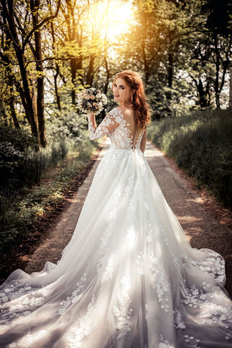 Gorgeous Tulle Lace Illusion Neck Long Sleeves Wedding Dresses, MW529