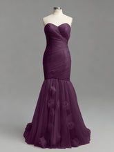 Dusty Rose Mermaid Strapless Ruched Tulle Prom Dress with 3D Floral