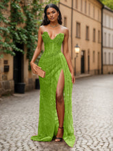 Red Strapless Beaded Fringe Waist Sequin Prom Dress with High Slit