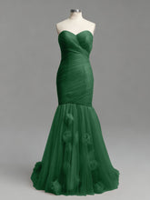 Dusty Rose Mermaid Strapless Ruched Tulle Prom Dress with 3D Floral