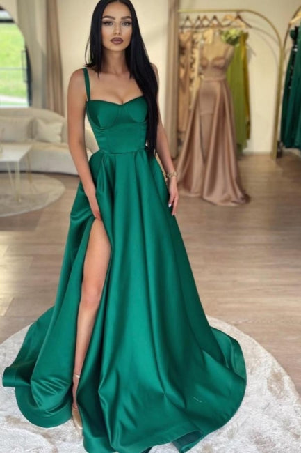 Green Shiny Elastic Satin Front Split Court Train Prom Dress