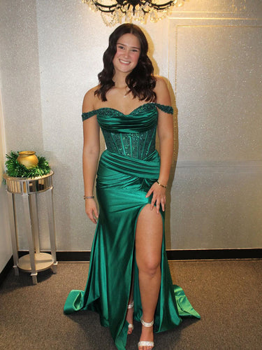 Green Off the Shoulder Mermaid Sequins Long Prom Dress with Slit