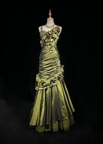 Vintage Dark Green Irregular Neckline Satin Beaded Evening Dress Ruched Mermaid Prom Dress Y8560