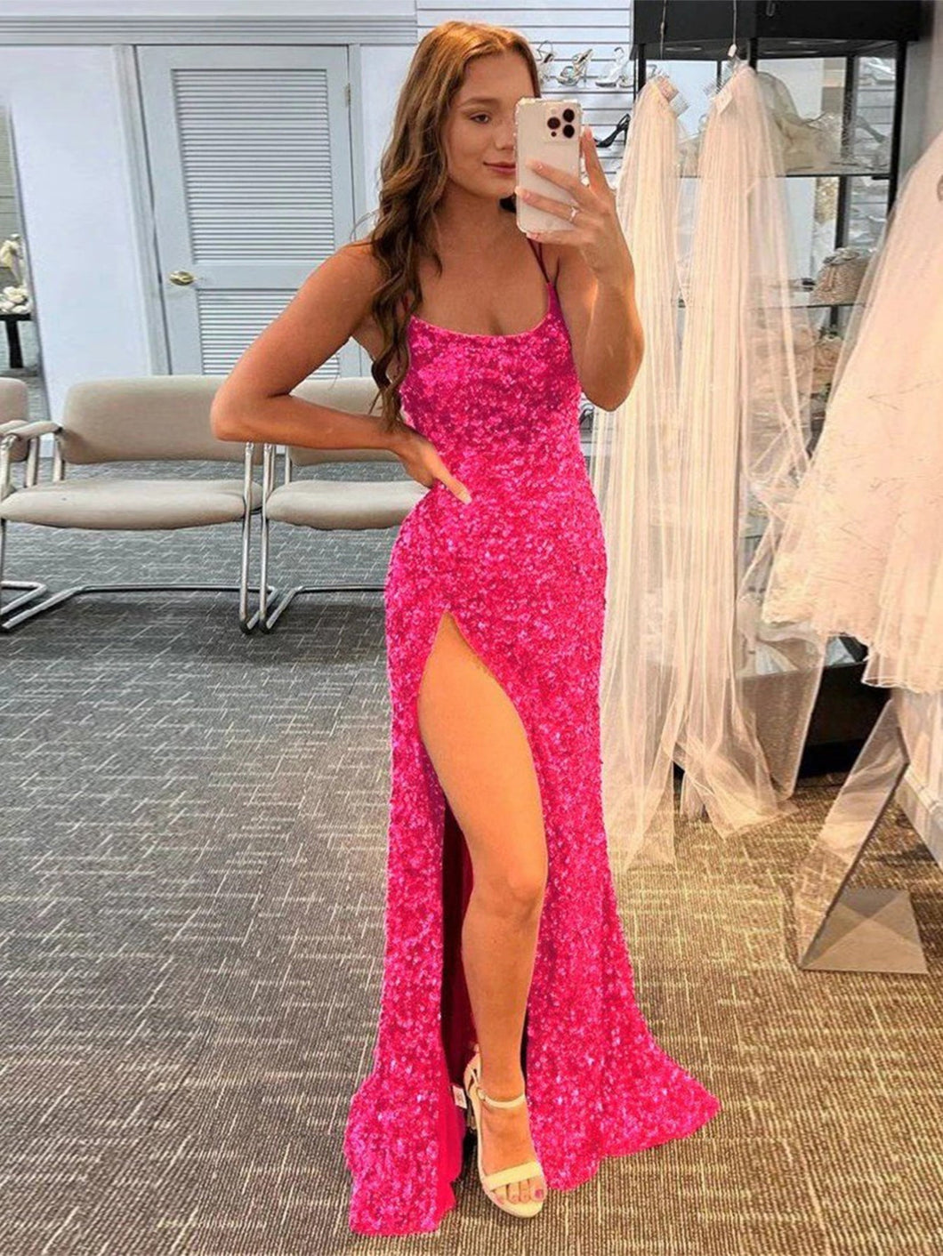 knee length dresses for ladies Alayna |Mermaid Spaghetti Straps Long Sequins Prom Dress – Anna PromDress