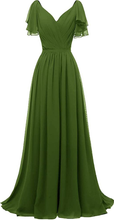 Ruffle Sleeves Bridesmaid Dress V-Neck Chiffon Long Formal Wedding Evening Dress Y1315