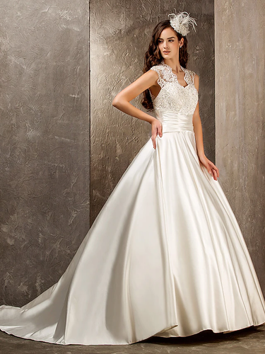 A-Line Wedding Dresses Queen Anne  Lace Satin Sleeveless See-Through with Sash  Ribbon Beading Appliques