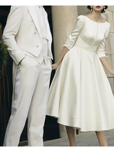 A-Line Wedding Dresses Jewel Neck Tea Length Satin Half Sleeve Simple Vintage Little White Dress with Buttons Pleats