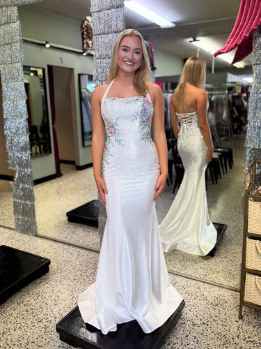 Halter Lace-Up Back Prom Dress with Floral Embroidered Bodice