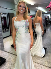 Halter Lace-Up Back Prom Dress with Floral Embroidered Bodice