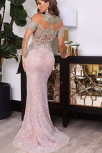 High Neck Pink Half Sleeves Mermaid Prom Dress with Appliques