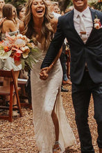 High Quality V-neck Spaghetti Straps Side Slit Lace Beach Wedding Dresses, MW247