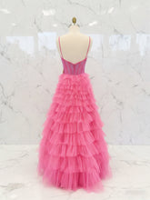 Hot Pink Crystal Corset Tiered Ruffle Long Prom Dress