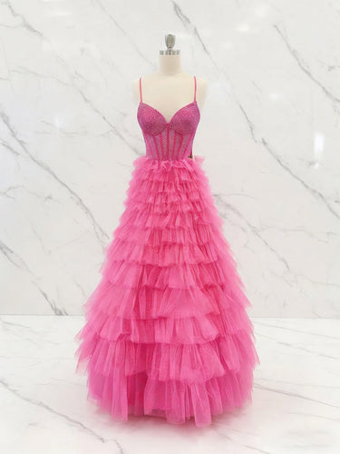 Hot Pink Crystal Corset Tiered Ruffle Long Prom Dress