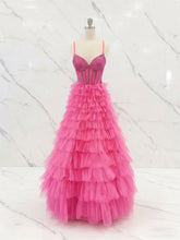 Hot Pink Crystal Corset Tiered Ruffle Long Prom Dress