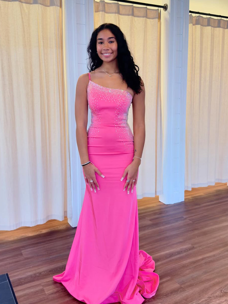 Hot Pink Crystal Embellished Fitted Long Prom Dress