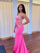 Hot Pink Crystal Embellished Fitted Long Prom Dress