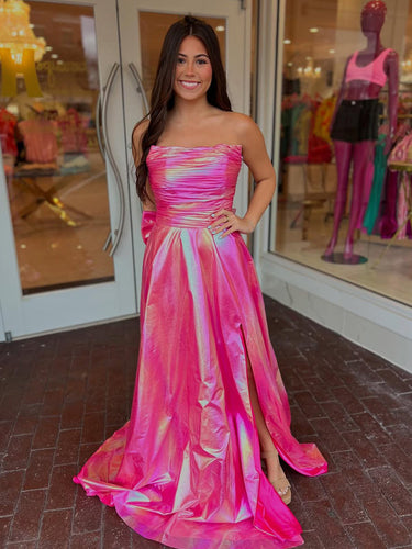 Hot Pink Metallic Strapless A-Line Prom Dress with Slit