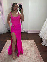 Hot Pink Satin Beaded Scoop Neck Bodice Prom Dress with Ruched Slit