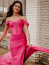 Hot Pink Satin Off-the-Shoulder Corset Prom Dress with High Slit