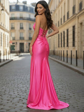 Hot Pink Satin Strapless Cutout Long Prom Dress with Slit