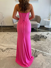 Hot Pink Strapless Beaded Corset Prom Dress with Slit