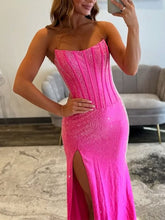 Hot Pink Strapless Beaded Corset Prom Dress with Slit