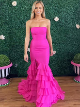 Hot Pink Strapless Cascading Tiered Ruff Mermaid Prom Dress