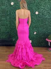 Hot Pink Strapless Cascading Tiered Ruff Mermaid Prom Dress