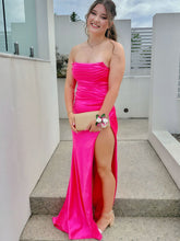 Hot Pink Strapless Ruched Bodice Satin Prom Dress with High Slit
