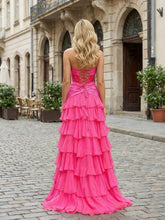 Hot Pink Strapless Ruffled Tiered Corset A-Line Prom Dress with Slit