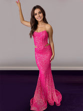 Hot Pink Strapless Sequin Prom Dress with Side Cutouts