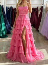 Hot Pink Tiered Ruffle Corset A-Line Prom Dress with Slit