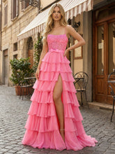 Hot Pink Tiered Ruffle Corset A-Line Prom Dress with Slit