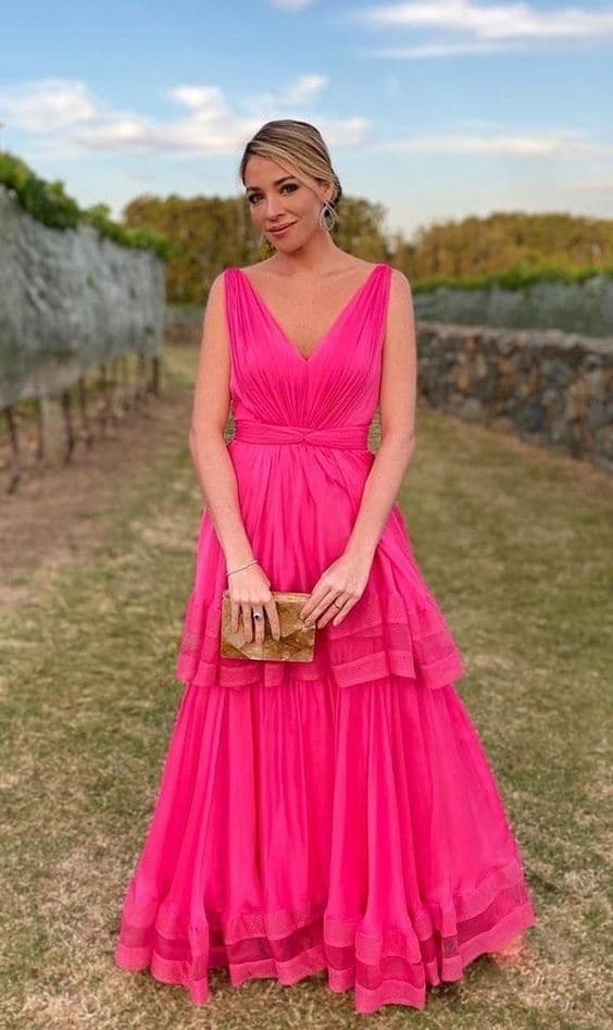 Hot Pink Prom Dresses Chiffon Two Layers Evening Dresses SYP35