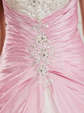 Ball Gown Wedding Dresses Strapless Chapel Train Organza Taffeta Strapless Wedding Dress in Color with Ruched Beading Appliques