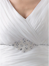 Wedding Dresses V Neck Chapel Train Organza Regular Straps with Ruched Beading Cascading Ruffles