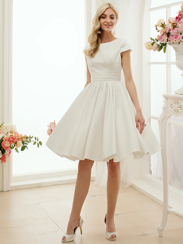 A-Line Wedding Dresses Jewel Neck Knee Length Satin Short Sleeve Formal Simple Casual Little White Dress with Sash  Ribbon