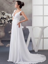 A-Line Wedding Dresses V Neck Chapel Train Chiffon Satin Regular Straps with Crystals Beading Draping