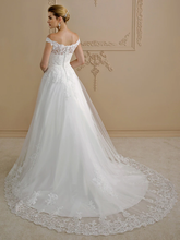Ball Gown Wedding Dresses Off Shoulder Court Train Lace Tulle Cap Sleeve Country Glamorous See-Through Plus Size Backless with Sashes  Ribbons Bow(s) Buttons