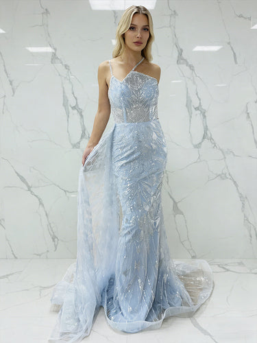 Ice Blue Geometric Beaded Prom Dress with Tulle Overskirt