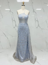 Ice Blue Geometric Beaded Prom Dress with Tulle Overskirt