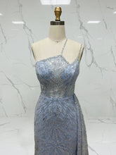 Ice Blue Geometric Beaded Prom Dress with Tulle Overskirt