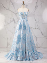 Blue Strapless Textured Corset A-Line Prom Dress
