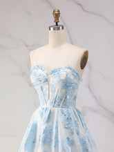 Blue Strapless Textured Corset A-Line Prom Dress