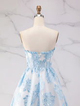 Blue Strapless Textured Corset A-Line Prom Dress