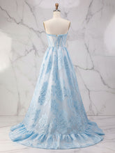 Blue Strapless Textured Corset A-Line Prom Dress